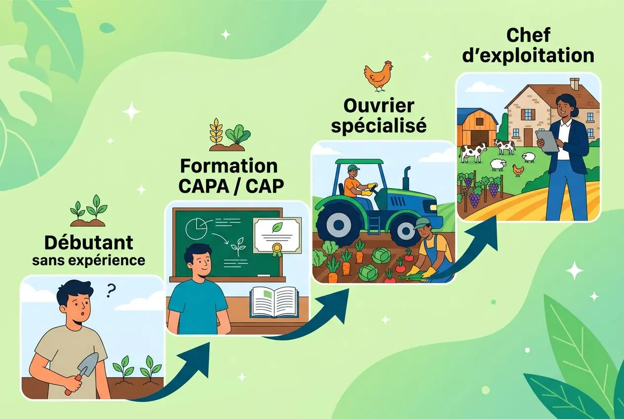 Parcours illustré menant du Débutant sans expérience à l’Ouvrier spécialisé, puis au Chef d’exploitation, avec formation CAP/CAP et travail en agriculture. Offre d'emploi ouvrier agricole.