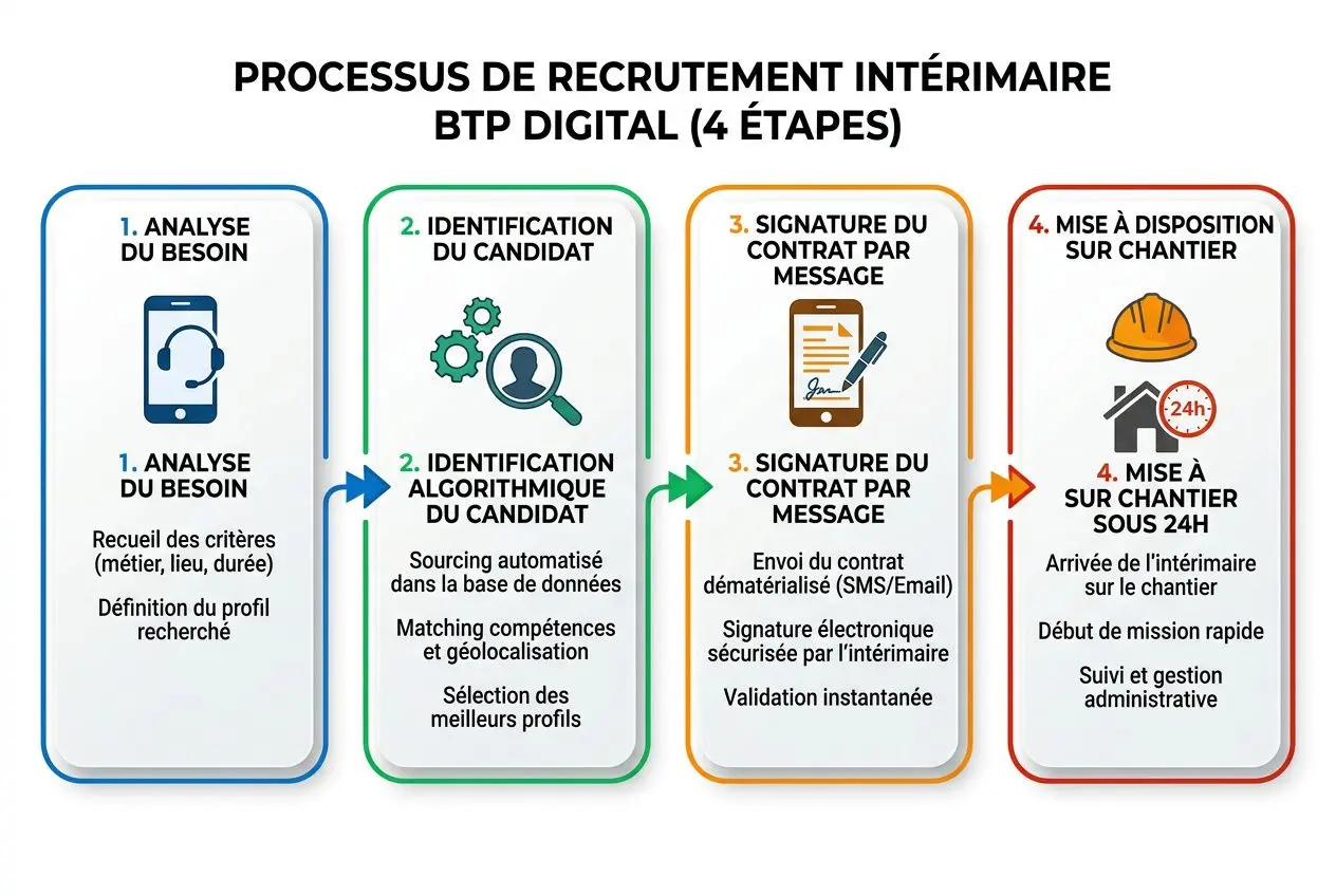 Processus de recrutement intérimaire BTP Digital en 4 étapes pour répondre au besoin main d'œuvre btp urgent sur un chantier.
