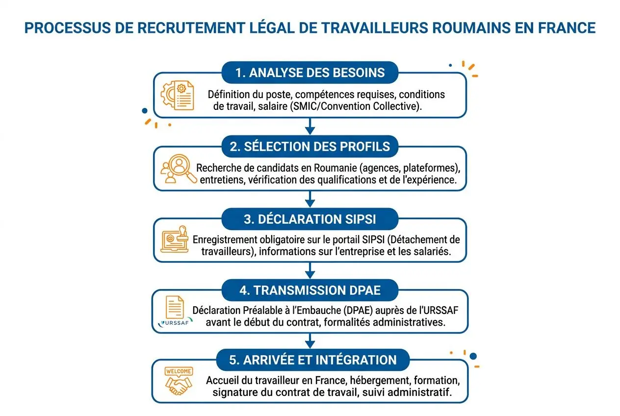 Processus de recrutement légal de travailleurs roumains en France: analyse des besoins, sélection des profils, déclaration SIPS, transmission DPAE, arrivée et intégration. agence interim roumanie en france