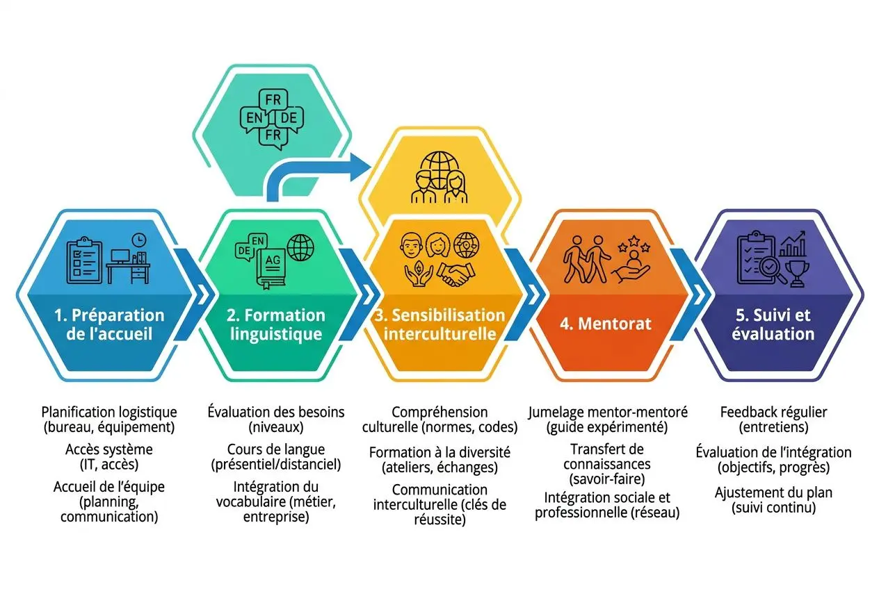 Schéma illustrant les étapes d’intégration des ouvriers étrangers en entreprise, avec préparation, formation linguistique, sensibilisation interculturelle, mentorat et suivi évaluation et intégration. intégration ouvriers étrangers entreprise est abordée.