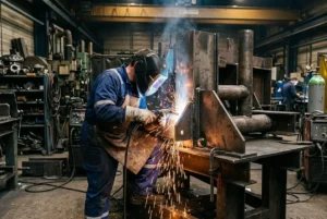 Soudeur chaudronnier à l’ouvrage, portant casque et visière, façonne une pièce métallique avec des étincelles dans une usine. Mot clé intégré: salaire chaudronnier intérim.