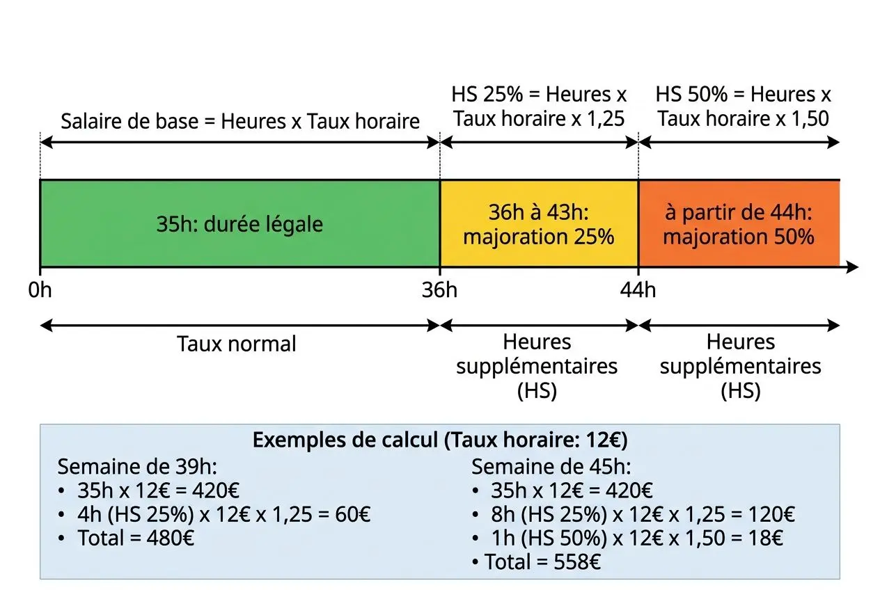 Texte ALT: Diagramme des heures supplémentaires intérimaires: calcul et majorations 25% et 50%, avec base salariale et durées 35h, 36h-43h et 44h.