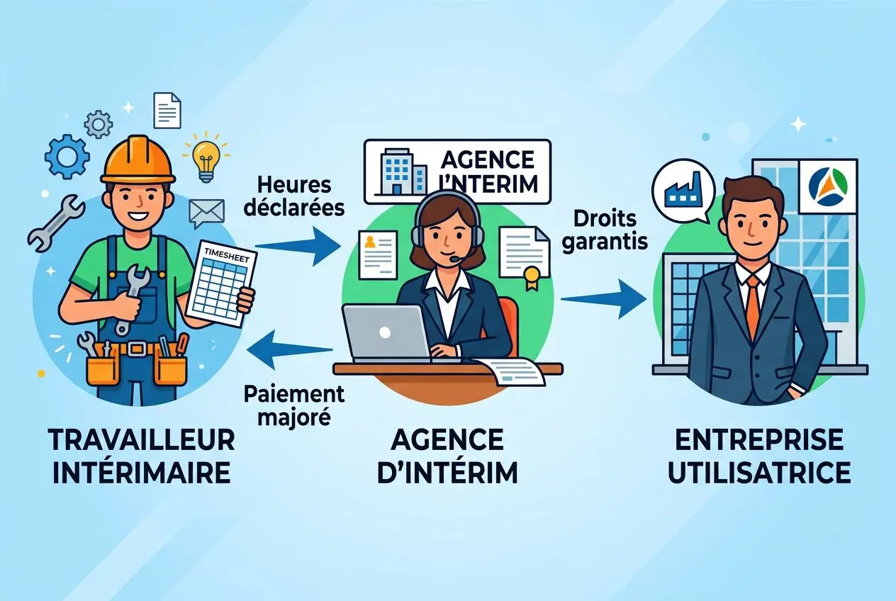 Travailleur intérimaire et agence d’intérim avec flux des heures déclarées et paiement majoré vers l’entreprise utilisatrice, droits garantis.
