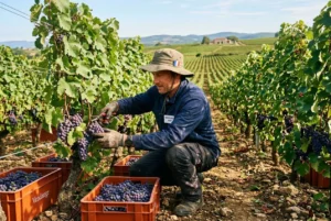 Vendangeur en champ de vignes récoltant des raisins dans des caisses orange, paysage viticole et rangs de vignes à l’arrière. contr.t saisonnier agricole (intégré naturellement)