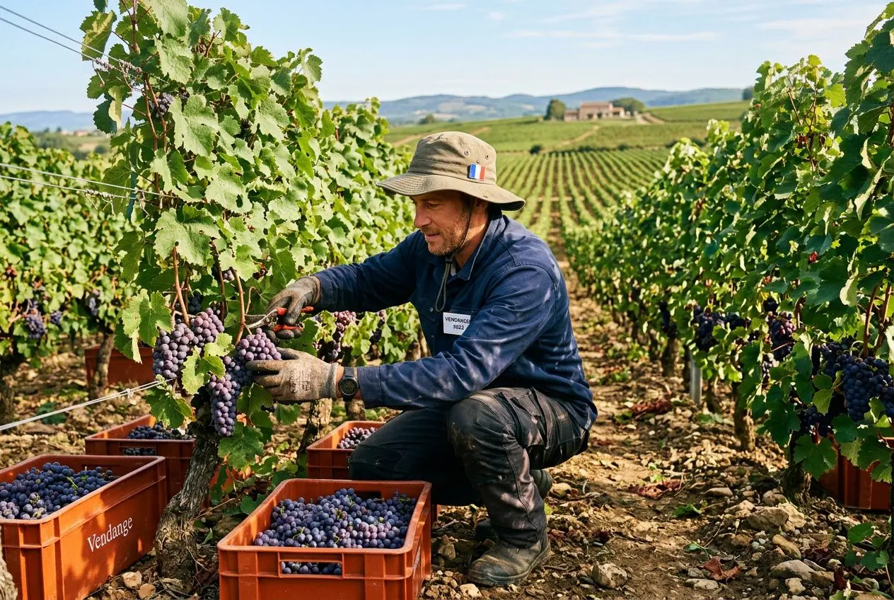 Vendangeur en champ de vignes récoltant des raisins dans des caisses orange, paysage viticole et rangs de vignes à l’arrière. contr.t saisonnier agricole (intégré naturellement)