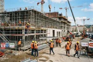 Chantier de construction avec ouvriers en sécurité et échafaudages en bois, pendant l’assemblage d’un bâtiment et l’utilisation de grues. Métiers qui manquent de main-d'œuvre.