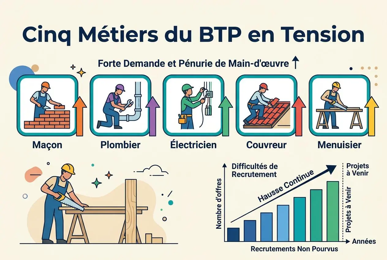 Cinq Métiers du BTP en Tension : maçon, plombier, électricien, couvreur et menuisier avec progression de recrutements difficiles.