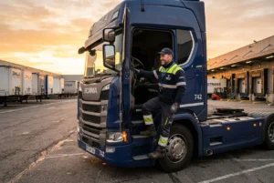 Conducteur de camion près du véhicule, au maquillage sunset, prêt à démarrer, zone de chargement polyvalente. Trouver du travail dans le transport.