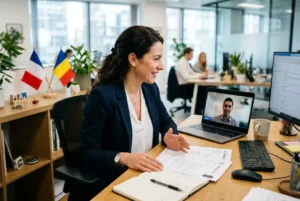 Consultante souriante en visioconférence dans un bureau, documents à portée de main et drapeaux France et Roumanie en arrière-plan. agence intérim etrangere en france