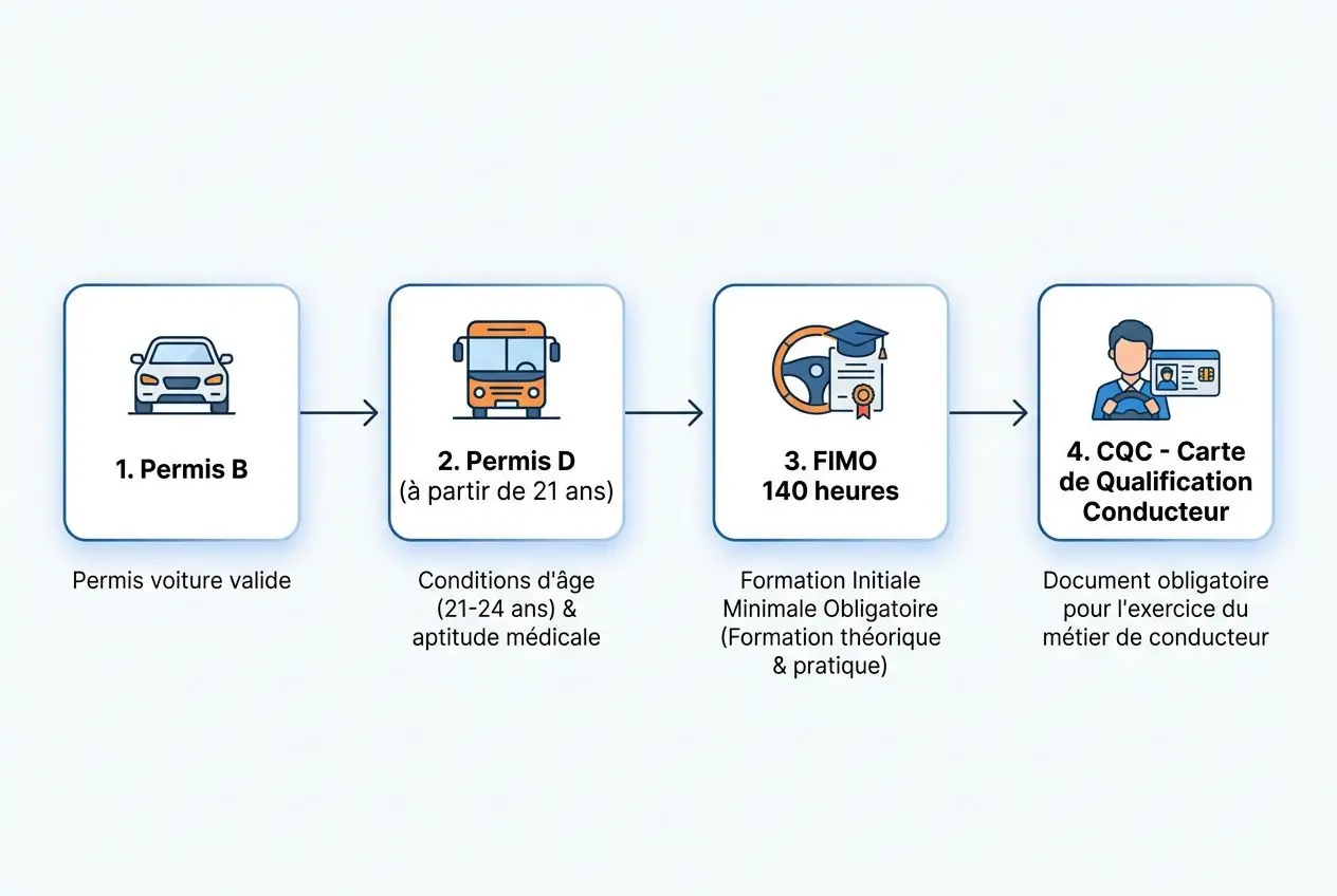 Cycle de formation pour devenir conducteur d’autobus: permis B → permis D → FIMO 140 heures → CQC Carte de Qualification Conducteur.