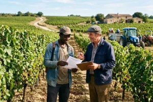 Deux agriculteurs discutent et consultent des documents dans une vigne, avec tracteurs en arrière-plan, sur une exploitation agricole. comment recruter intérimaires agricole intégré naturellement.