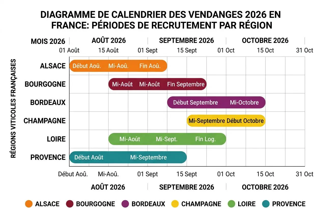 Diagramme de calendrier des vendanges 2026 par région viticole: périodes de recrutement affichées par région (Alsace, Bourgogne, Bordeaux, Champagne, Loire, Provence) avec déploiement des débuts et finitions sur août-septembre-octobre. intègrent “intérim vendanges” dans le contexte.