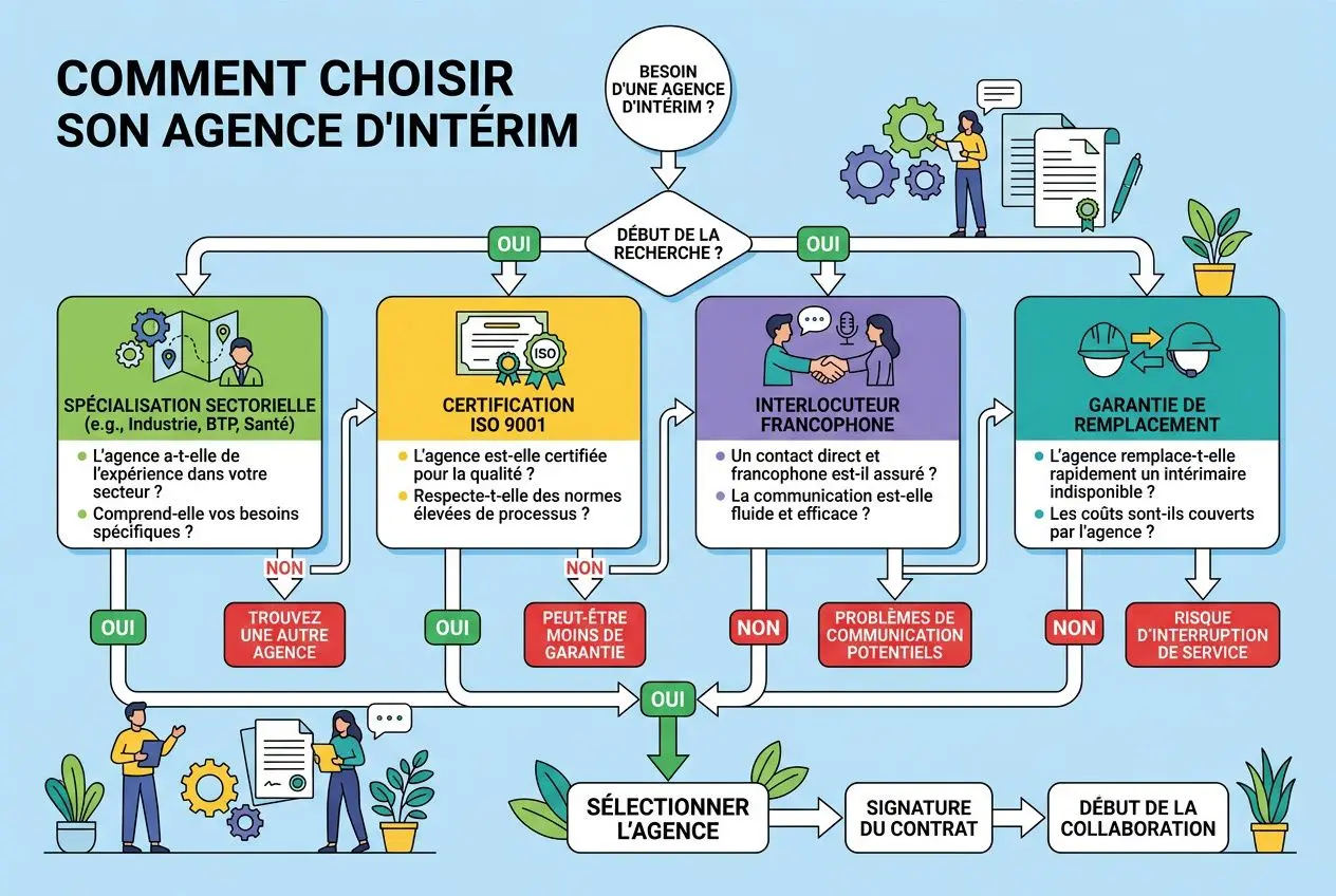 Diagramme expliquant les étapes pour embaucher un intérimaire via une agence: choix, certification ISO 9001, interlocuteur francophone, sélection de l’agence, signature du contrat et début de la collaboration, avec des réponses et conditions visualisées. Étapes pour embaucher un intérimaire détaillées.