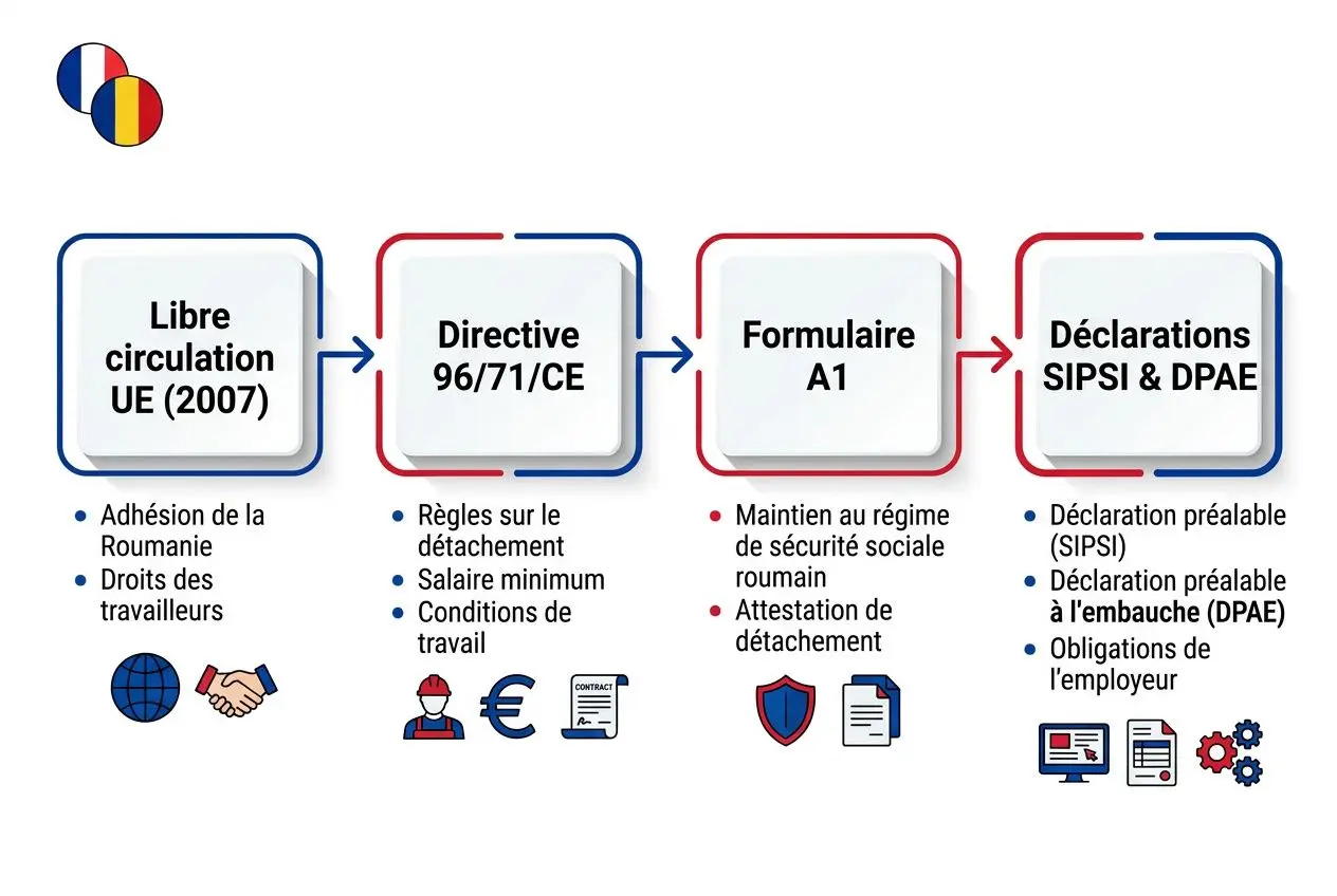 Diagramme montrant les étapes d'une agence intérim etrangere en france: UE directive 96/71/CE, formulaire A1 et déclarations SIPSI & DPAE, avec points clés et icônes associées.