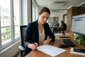Femme en chemise et blazer signe un document sur un bureau près de la fenêtre, ordinateur et téléphone à proximité. durée maximum d'un contrat d'intérim intégré naturellement.