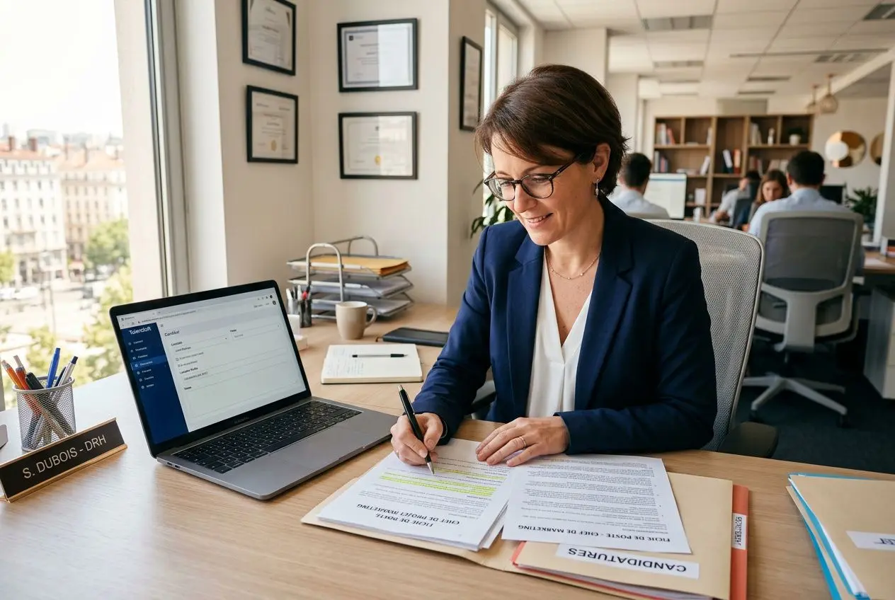 Femme en chemise bleu marine signe des documents près d’un ordinateur portable sur un bureau, en contexte de travail administratif. intégré: étapes pour embaucher un intérimaire.