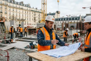 Gros plan sur un chef de chantier en gilet orange et casque blanc, examinant des plans sur une table, avec d’autres ouvriers et des travaux de bâtiment autour. intérim btp autour de moi présents discreetement.
