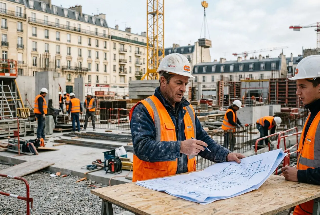 Gros plan sur un chef de chantier en gilet orange et casque blanc, examinant des plans sur une table, avec d’autres ouvriers et des travaux de bâtiment autour. intérim btp autour de moi présents discreetement.
