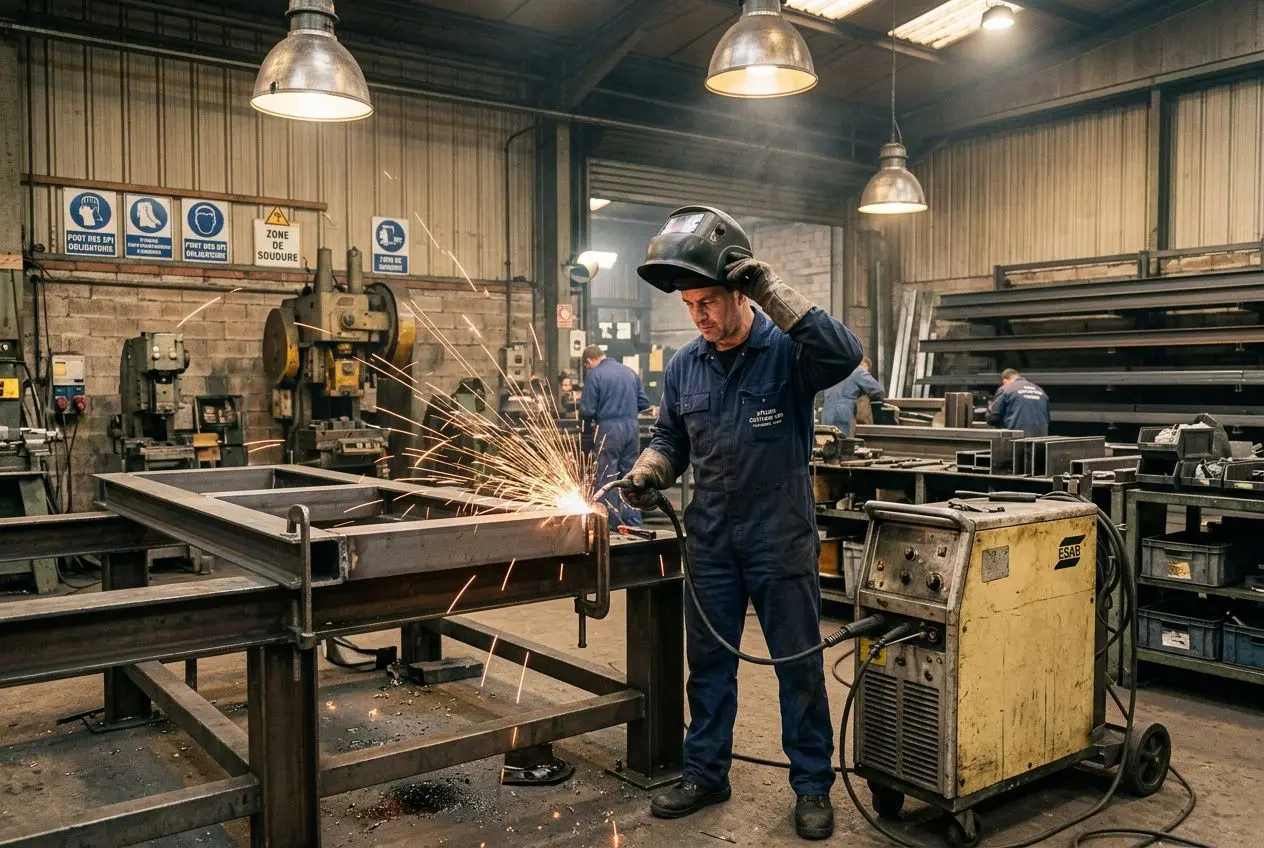 Opérateur de métallurgie en atelier, casque et visière, scie à arc produisant des étincelles sur une pièce métallique. Métier en tension dans l’industrie et BTP. всегда