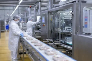 Operateurs en blanc sur une ligne de production agroalimentaire, contrôlant des sachets sur une chaîne dans une usine moderne. Intérim agroalimentaire.