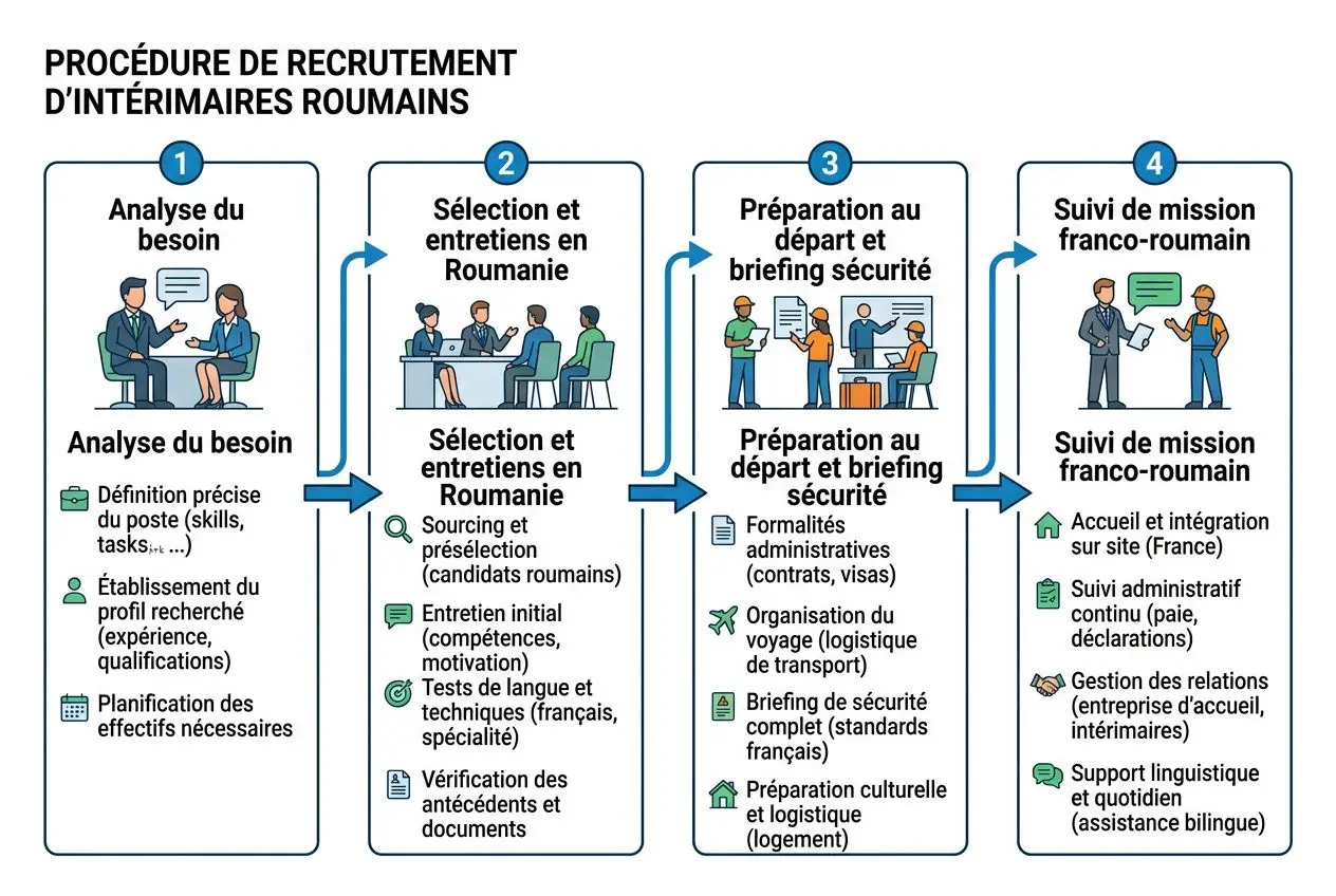 Procédure de recrutement d’intérimaires roumains: diagramme pas à pas avec analyse de besoin, sélection et entretiens en Roumanie, préparation au départ et suivi en France. comment embaucher intérimaires roumain intégré.