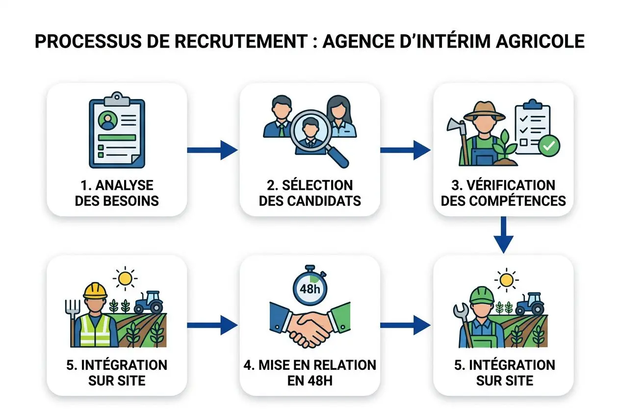Processus de recrutement d’agences d’intérim agricole: analyse des besoins, sélection des candidats, vérification des compétences et intégration sur site.