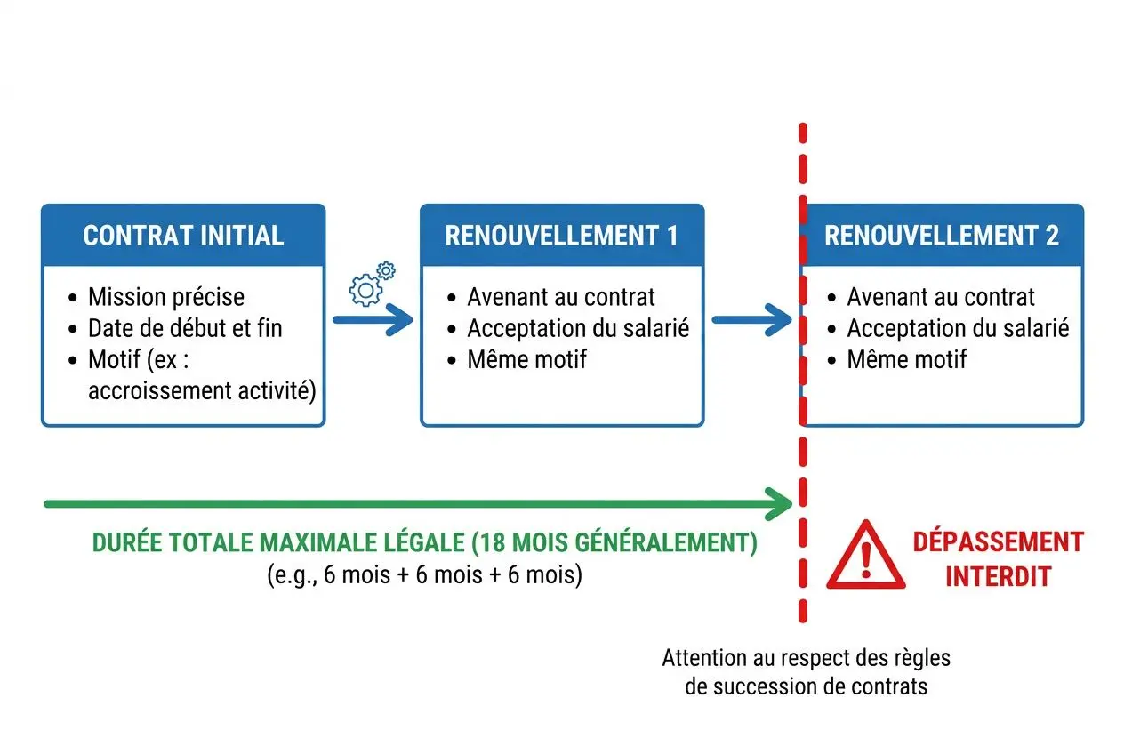 Schéma du contrat d'intérim montrant le contrat initial, deux renouvellements avec avenant et même motif, puis dépassement interdit et durée totale maximale légale typique (18 mois) selon motif, avec avertissement sur la succession des contrats. Mot clé intégré: durée maximum d'un contrat d'intérim.