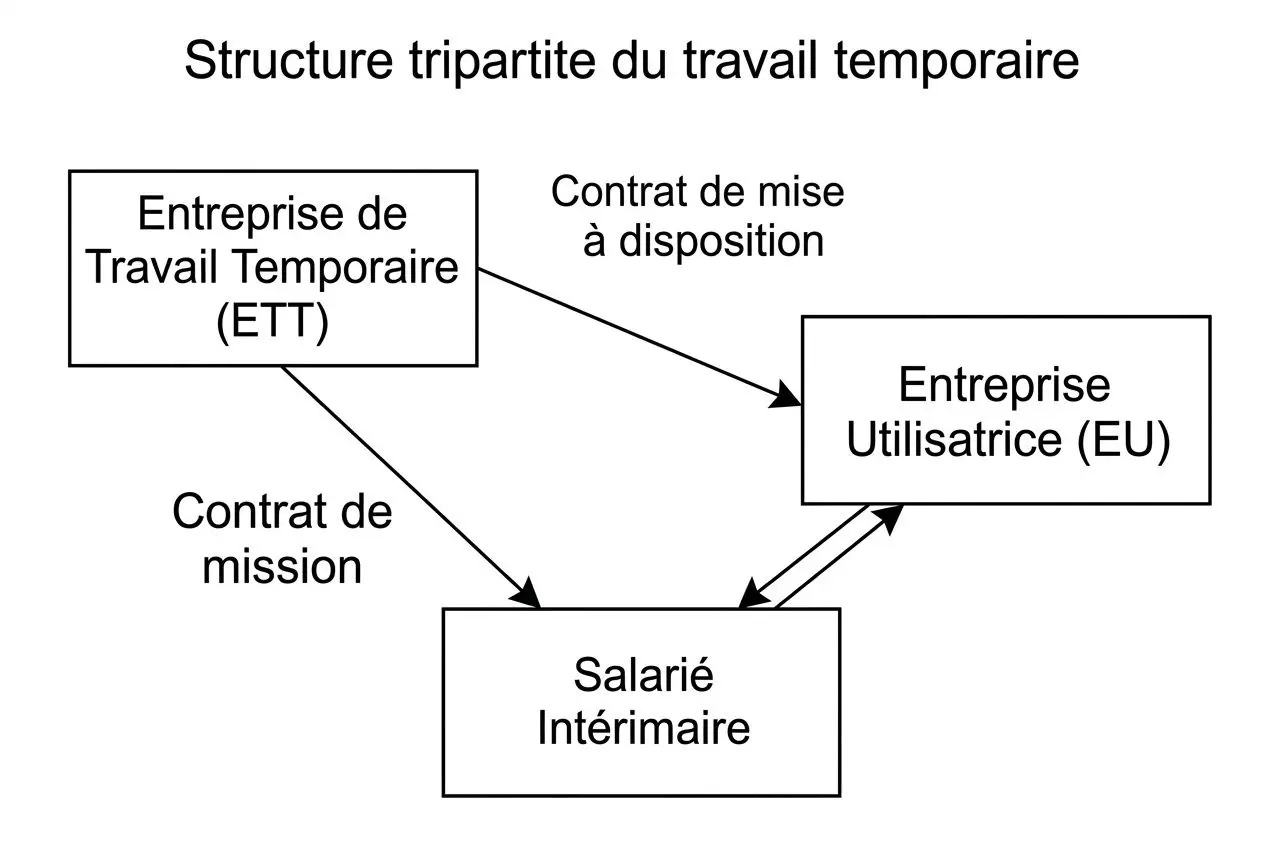 Structure tripartite du travail temporaire montrant ETT, Entreprise Utilisatrice et Salarié Intérimaire avec contrats et flux de mission.
