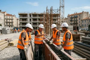 Travailleurs du bâtiment en gilet orange et casque blanc sur un chantier, discutant autour d’un cadre métallique.