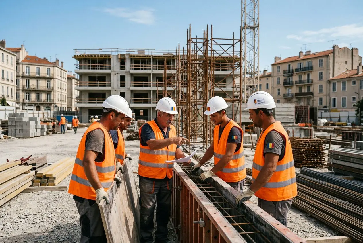Travailleurs du bâtiment en gilet orange et casque blanc sur un chantier, discutant autour d’un cadre métallique.