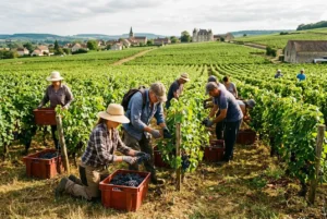 Vendangeurs travaillant dans un vignoble en plein air, récoltant des grappes et plaçant les fruits dans des caisses rouges en rangées. Intérim vendanges.