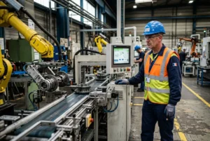 Agent de fabrication en usine, opérant une ligne automatisée avec interface tactile et robots; travailleur portant casque et gilet réfléchissant.