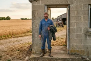 Agriculteur debout à l’entrée d’un bâtiment en briques, tenue de travail bleue, champ et matériel agricultural visibles à l’arrière, prêt pour un emploi agricole avec hébergement.