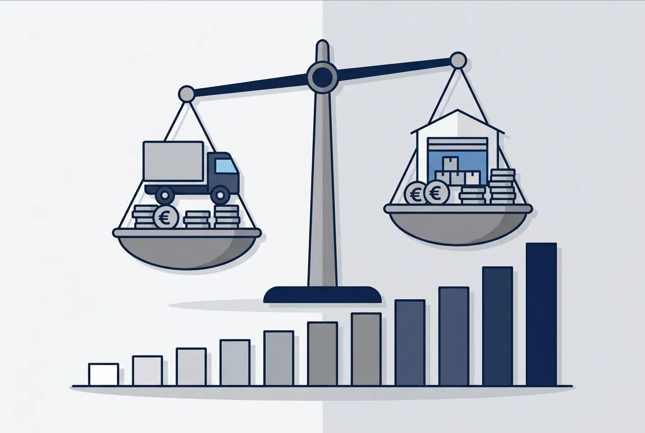Balance illustrant l'équilibre entre transport et logistique avec camions et colis, dans le cadre de l’interim transport logistique.