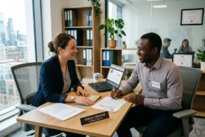 Deux professionnels assis autour d’un bureau, souriants et en discussion, signature de documents dans un bureau d’agence intérim. On voit le nom "Sarah Jenkins" sur la plaque et un badge, ambiance professionnelle et collaborative. Intégration du mot-clé: agence interim etrangere en france.