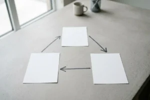 Diagramme montrant trois feuilles blanches reliées par des flèches circulaires, sur une surface de bureau.