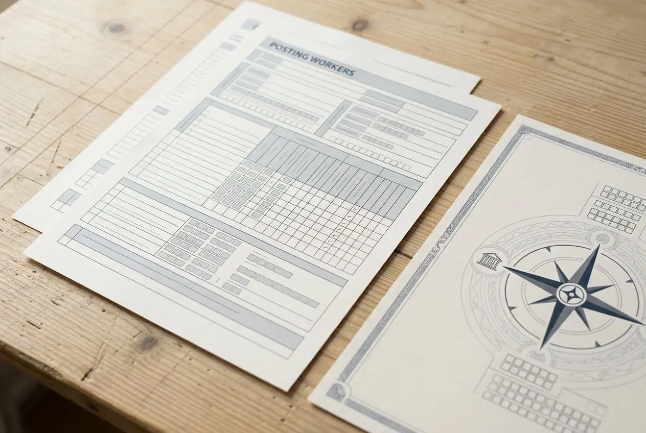 Documents administratifs affichés sur une table en bois, l’un semble être des fiches de paie et l’autre un formulaire style contrat ou charte de cadre légal intérim roumain france.