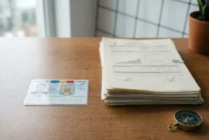 Documents administratifs et carte d'identité sur une table, avec un carnet de documents et une boussole; cadre légal intérim roumain france suggéré.