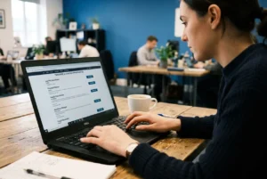 Femme travaillant sur un ordinateur portable dans un espace de coworking, tablette affichant des données de transport logistique. Intermédiaire d’intérim transport logistique.