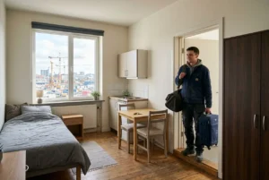 Homme arrivant dans un logement étudiant meublé, portant une valise et un sac, près d’une table et d’un lit dans une pièce lumineuse. Contenu lié à logement intérimaire étranger France.