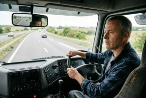 Homme conducteur de poids lourd au volant, sur autoroute dégagée, en route pour le recrutement chauffeur poids lourd france.
