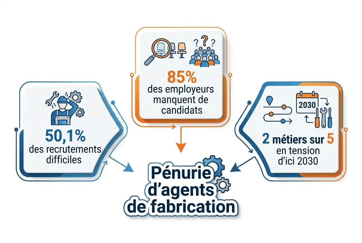 Illustration sur la pénurie d'agents de fabrication: chiffres clés, 50,1% recrutements difficiles, 85% employeurs manquent de candidats, 2 métiers sur 5 en tension d'ici 2030.