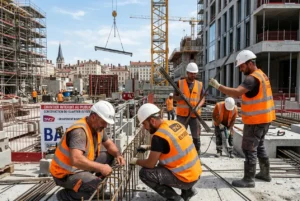 Intérim bâtiment roumains france : ouvriers BTP en chantier, porteurs de gilets orange et casques, travaillant sur ferraillage et coffrage au milieu d’un grand chantier.