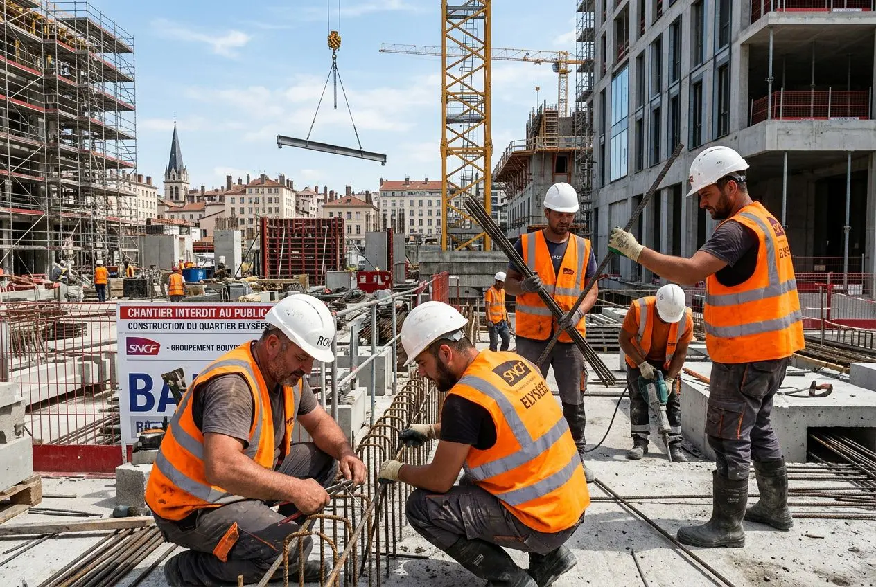 Intérim bâtiment roumains france : ouvriers BTP en chantier, porteurs de gilets orange et casques, travaillant sur ferraillage et coffrage au milieu d’un grand chantier.