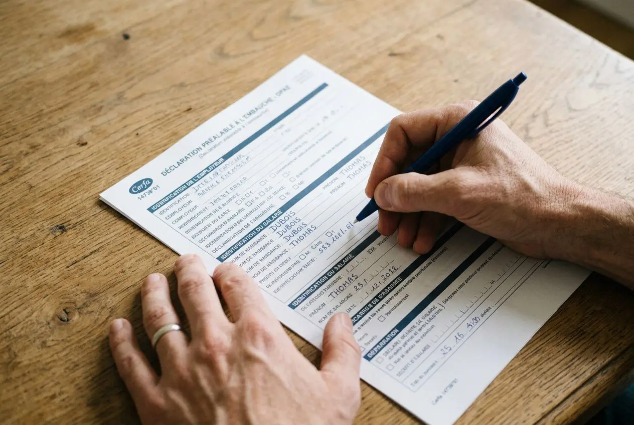 Personne remplissant un formulaire administratif sur une table en bois, en train de signer avec un stylo.