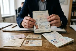 Portrait d’homme présentant son documents d’identité et de séjour, autour de lui des pièces d’identité éparpillées sur une table, illustrant les conditions pour embaucher un travailleur étranger en France.