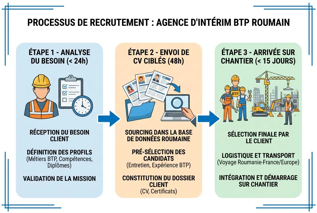 Processus de recrutement: agence d’intérim BTP roumain, flux d’analyse, sourcing et arrivée sur chantier en France
