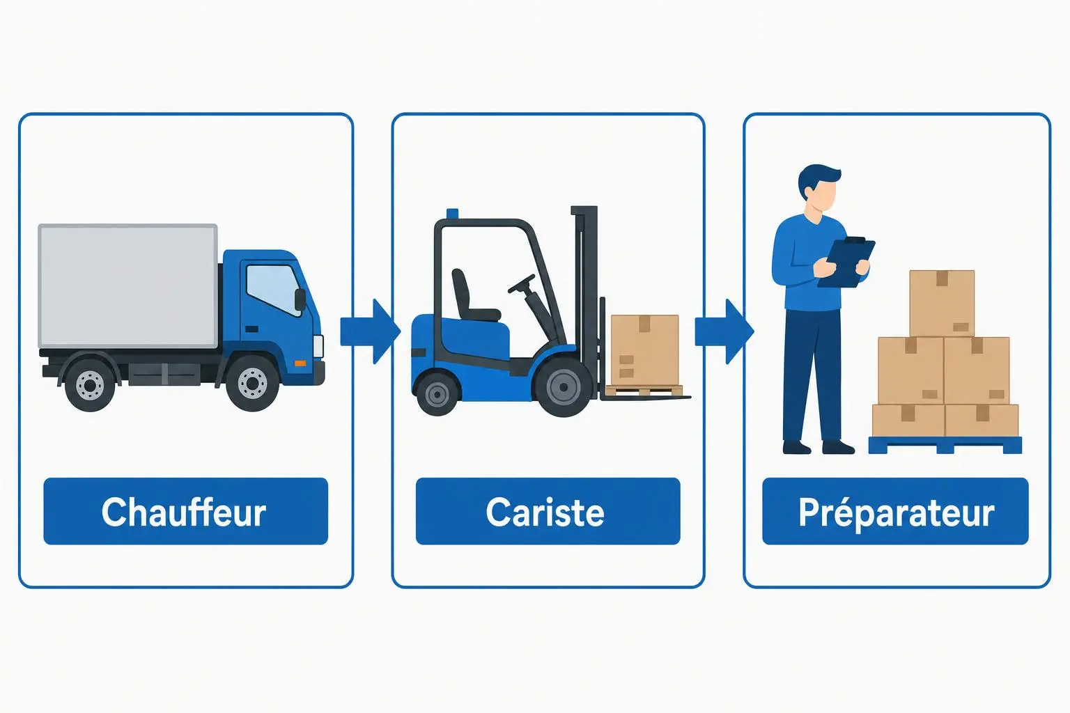 Schéma illustrant les étapes d’un flux logistique: chauffeur de camion, cariste manipulant des palettes, préparateur en train de vérifier des colis. Intégration: intermédiaire "interim transport logistique" selon le contexte.