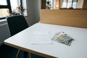Tableau de bureau avec des billets en euros et une fiche de calcul, ambiance bureau professionnel. salaire moyen en roumanie en euros évoqué.