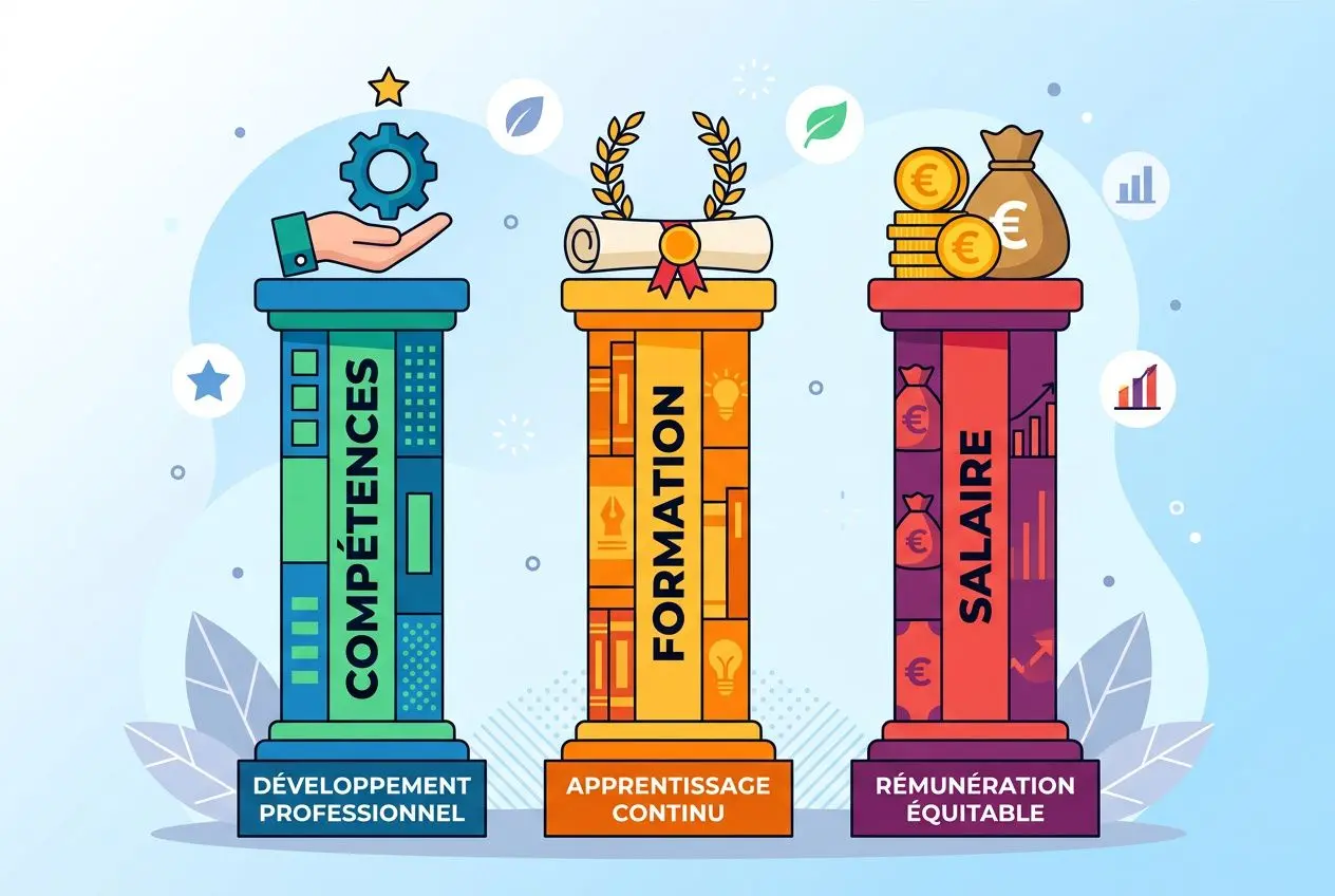 Trois colonnes illustrées : compétences, formation et salaire, symbolisant le métier d’agent de fabrication avec diplômes et croissances professionnelles.
